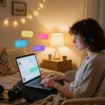 Engaging conversation with AI girlfriend in a cozy bedroom setting, showcasing personalized digital interaction.