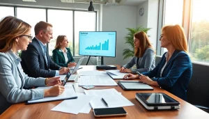 Effective contract management discussion among professionals in a modern office setting.