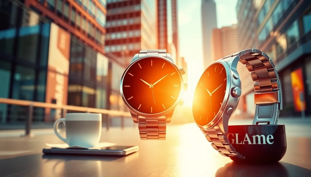 A person using the Finesse Smart Watch while enjoying a coffee in a bustling city environment.