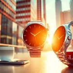 A person using the Finesse Smart Watch while enjoying a coffee in a bustling city environment.