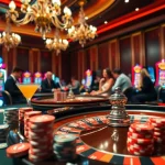Scène captivante dans un casino en ligne France avec des tables de roulette et des machines à sous vibrantes.