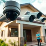 Cámaras de seguridad en Liberia situadas en un entorno tropical tranquilo, mostrando una instalación profesional.