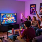 Group of friends enjoying slot gacor hari ini with vibrant gaming atmosphere and snacks.