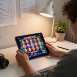 Player engaging with สล็อต in an online gaming environment, showcasing tablet display of vibrant slot machine interface.