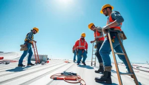 Roofing apprenticeship program with skilled workers collaborating on a sunny rooftop.