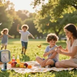 Family enjoying a picnic while applying mosquito repellent for protection against insects.