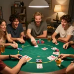 Engaging friends in a nsfw game with poker strategy at home, showcasing chips and cards.
