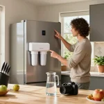 Homeowner replacing Waterdrop UKF8001 Refrigerator Water Filter 4 in a bright modern kitchen.