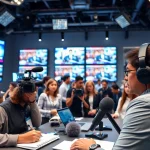 Capture of a newsroom where journalists report the latest news in a vibrant environment.