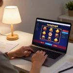 Engaged player using sunwinapk on a laptop for strategic online gaming and bankroll management