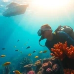 SSI Open Water Diver Kurs in vibrant underwater coral reef with a scuba diver exploring.