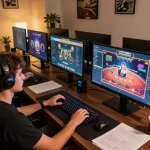 Engaged player enjoying casino online americani games on multiple screens in a cozy setup.