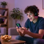 Online player enjoying mobile sports betting with 388bet app in cozy living room setting.