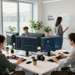 Collaborative team working on the IODeFi platform in a modern tech workspace with digital designs and analytics.