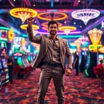 Vegas hero celebrating on a bustling casino floor with vibrant lights and excitement.