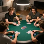 Friends enjoying a poker night with apk gacor strategy discussions and colorful chips.