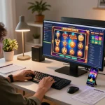 Engaged player exploring slot kamboja super gacor in an inviting online gaming setup, with multiple screens and strategy notes.