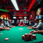 pakde4d momen seru di meja poker kasino dengan lampu cerah dan suasana ramai.