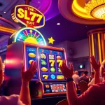 Main gameplay of Slot77 menarik perhatian dengan simbol ceria dan suasana kasino yang menggembirakan.