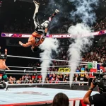 WWE wrestling event with vibrant fans and wrestlers in action.
