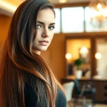 Showcasing sew in weft hair extensions in a chic salon setting