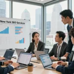 Team collaborating on New York SEO services strategy in modern office.