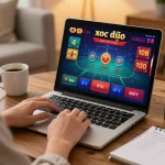 Engaging in xóc đĩa online gameplay on a laptop in a cozy home setting, featuring strategic planning.