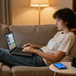 Engaging in NSFW AI chat within a modern cozy home setting, featuring a stylish adult and relaxed ambiance.