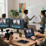 Content creators using ai seedance 2.0 in a dynamic collaborative workspace, showcasing video generation and editing.