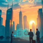 EORMC AI blockchain development showcased in a futuristic city with engineers and holograms.