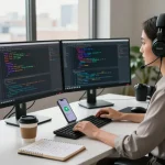 OpenClaw-focused workspace with a developer coding on multiple monitors, vibrant workspace atmosphere.
