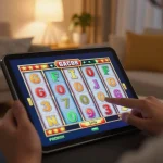 Engaging online gameplay with slot gacor reels in motion on a tablet, showcasing excitement.
