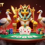 Engage with UFABET as a vibrant and dynamic online gambling scene featuring a 3D cartoon Egyptian pharaoh cat.