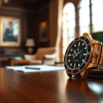 Showcasing a detailed rolex replica watch on a sleek wooden surface with elegant lighting.
