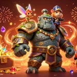 Experience the thrill of 123win with a dynamic scene featuring a golem guardian and magical elements.