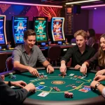 Joueurs en ligne engagés dans un casino en ligne vibrant de bonus, montrant excitation et interaction.