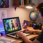 Engaging user creating AI characters with Tavern AI on a laptop in a creative gaming space.