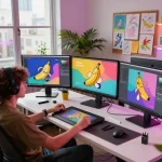 Digital artist utilizing nano banana pro for AI image generation in a creative workspace.