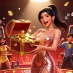 Scène engageante mettant en vedette une magnifique femme asiatique présentant un coffre au trésor rempli de trésors et de bonus de casino.