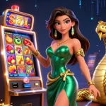 Experience exhilarating slot gaming with a stunning illustration of a woman in green gown and a golden cobra.