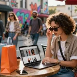 Individual shopping online at shs-dome5.com while enjoying coffee in a vibrant urban café