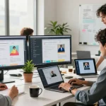 Professional team generating AI prompts from images in a modern office setting.