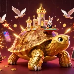 Interagissez avec le bonus casino en ligne à travers une scène de casino 3D vibrante mettant en vedette une tortue en or et des thèmes de jeux passionnants.