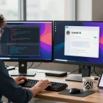 Kobold AI chatbot interface in a modern tech workspace with vibrant coding screen, showcasing an efficient digital interaction.
