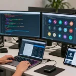 Engaging crypto mining platform development in a modern tech workspace with blockchain code and smart contract interfaces visible.
