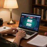 Player enjoying online poker at home on qq8827 platform, showcasing strategy notes and warm atmosphere.