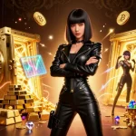 Experience Slot Qris with stunning visuals of a powerful woman and vibrant casino elements around her.