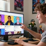 Engaging user interacting with Status AI, surrounded by colorful avatars from beloved fandoms.