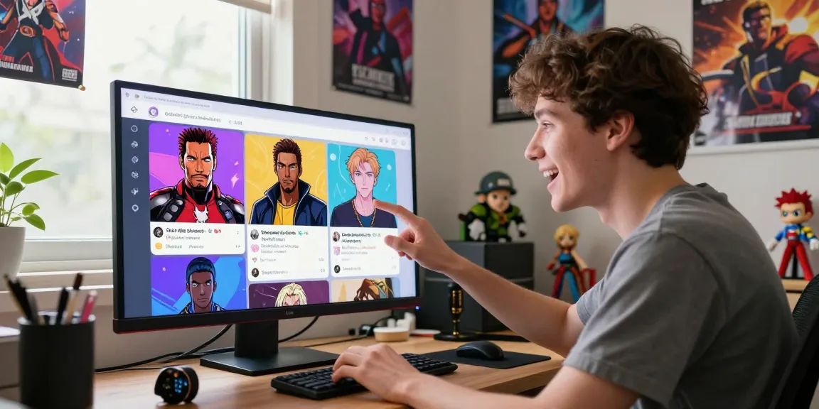 Engaging user interacting with Status AI, surrounded by colorful avatars from beloved fandoms.