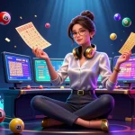 Toto lottery scene featuring an elegant Asian woman at a high-tech gaming setup with colorful game elements.